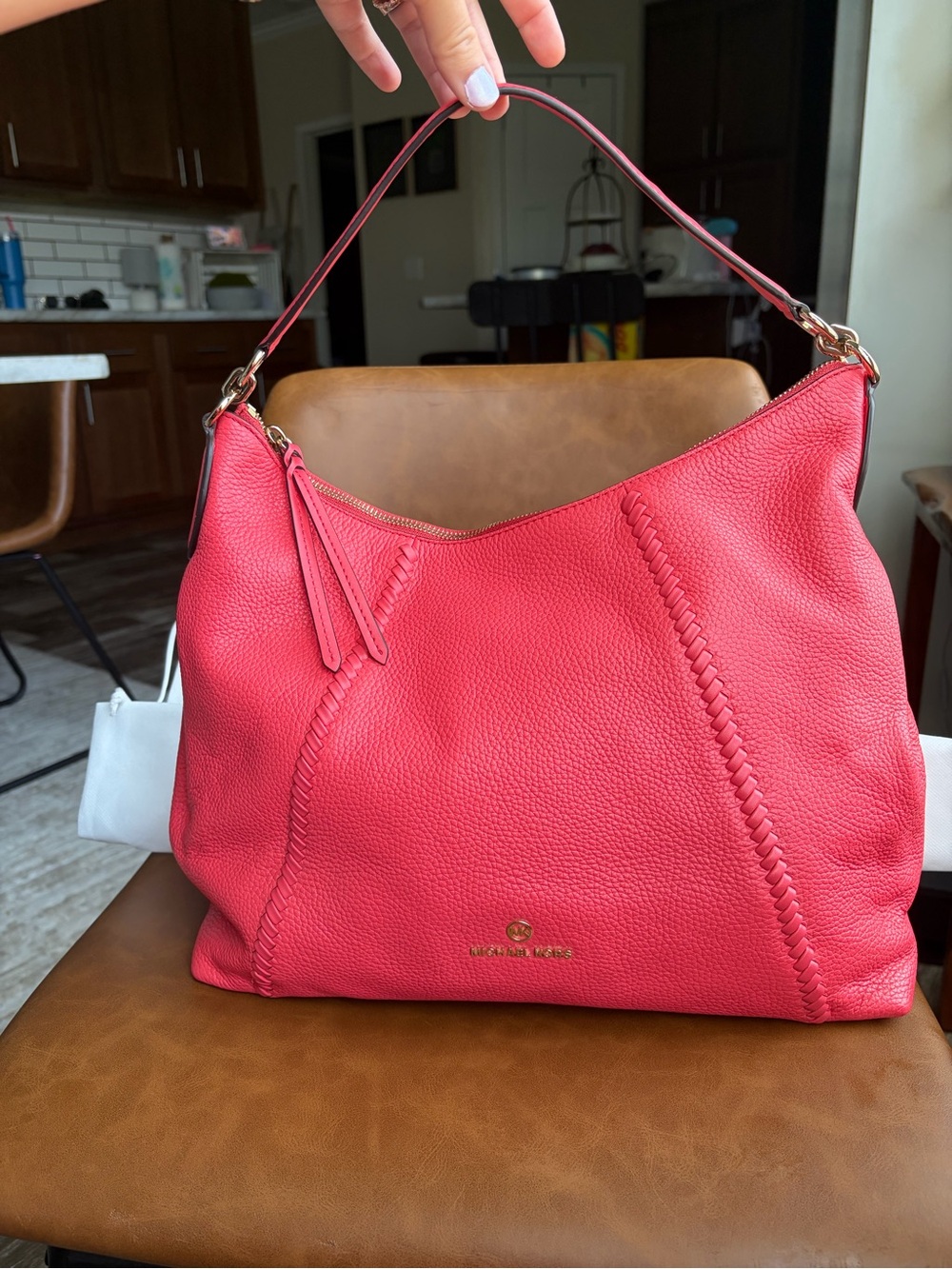 Michael Kors Large Pebbled Leather Whipstitch Hobo Shoulder Coral Pink NWT - Picture 11 of 14